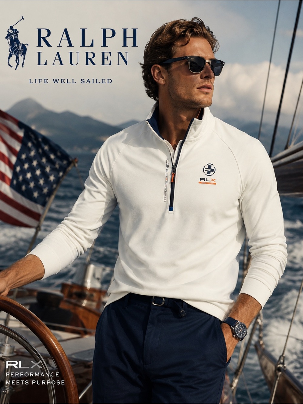 Ralph Lauren White RLX Zip-Front Performance Pullover with Navy Trim